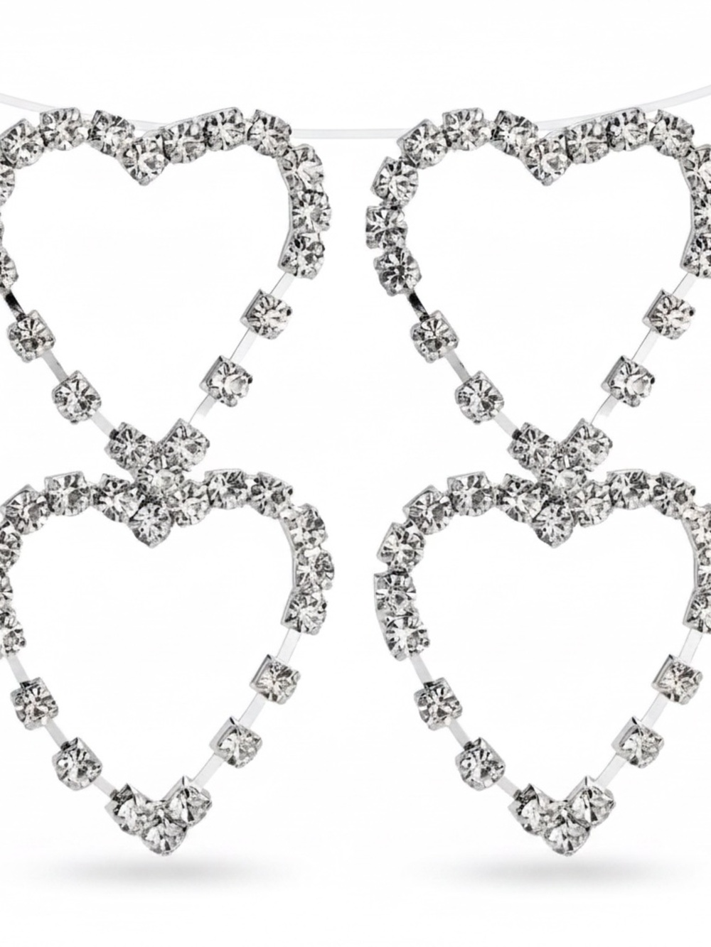 Womens Double Heart Silver Hoop‎ Earrings Rhinestone Design Post Earrings